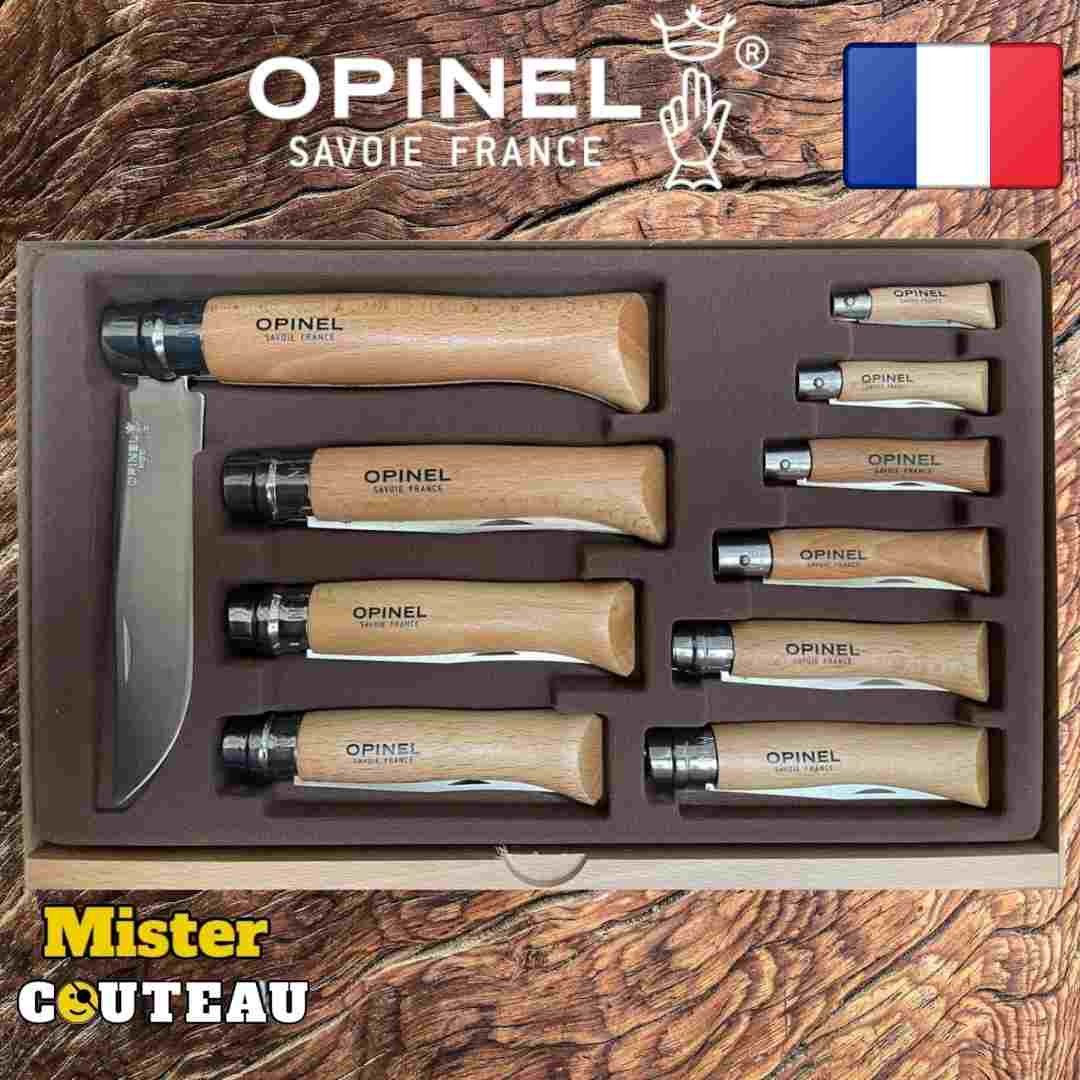 Coffret vitrine ramasse monnaie en bois 10 couteaux Opinel Tradition inox manches hêtre