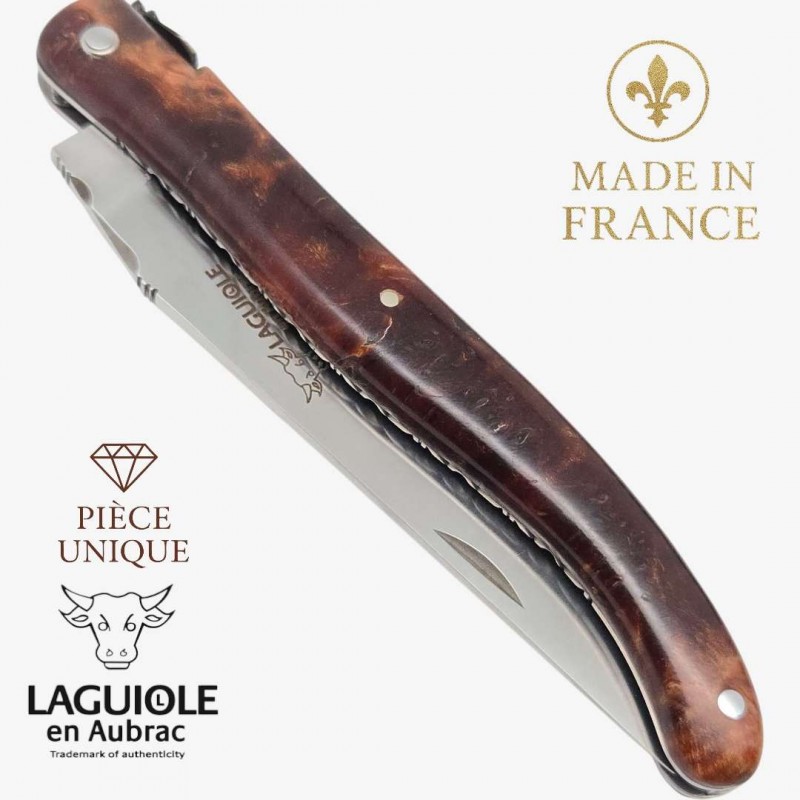 Couteau Laguiole en Aubrac pièce unique loupe tilleul Couteau Laguiole en Aubrac pièce unique loupe tilleul