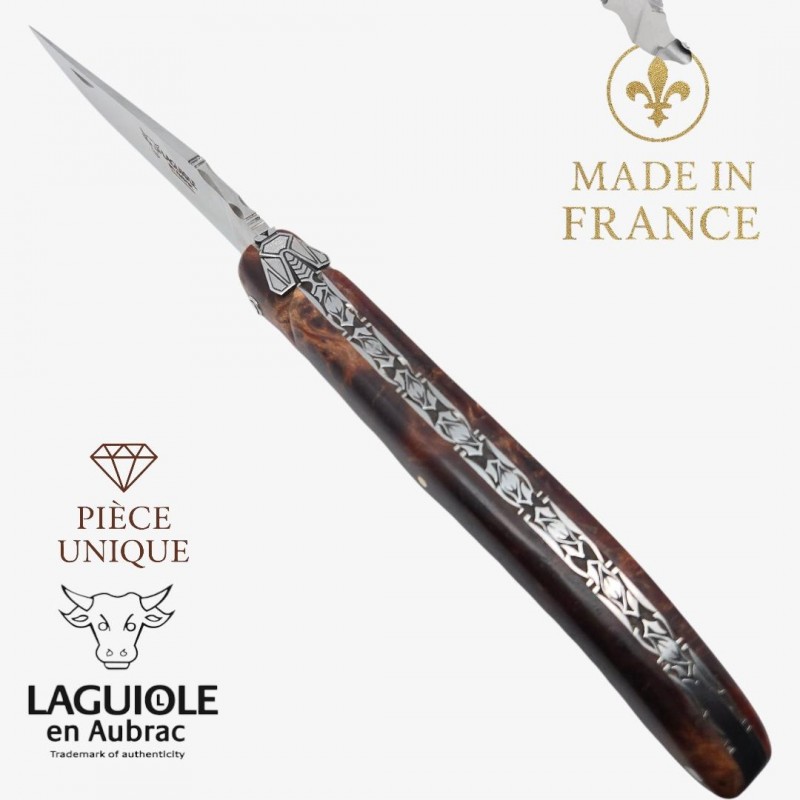 Couteau Laguiole en Aubrac pièce unique loupe tilleul Couteau Laguiole en Aubrac pièce unique loupe tilleul