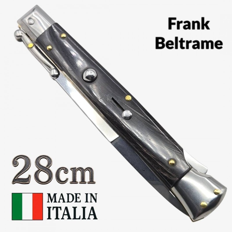 Stiletto automatique Frank Beltrame 28 cm – Corne de buffle– Garde basculante – Exclusivité Mister Couteau Stiletto automatique Frank Beltrame 28 cm – Corne de buffle– Garde basculante – Exclusivité Mister Couteau