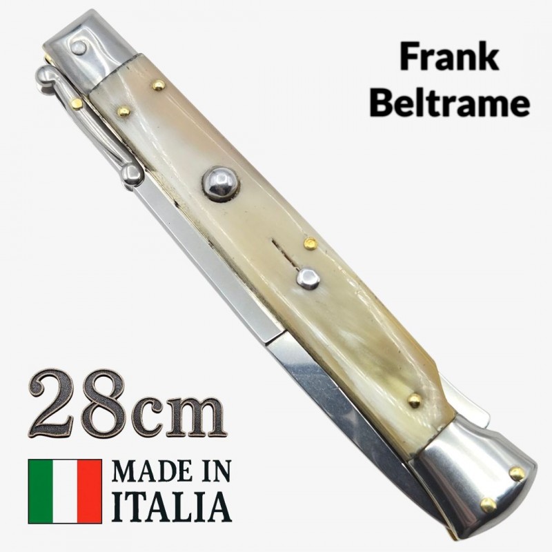 Stiletto automatique Frank Beltrame 28 cm – Corne blonde– Garde basculante – Exclusivité Mister Couteau Stiletto automatique Frank Beltrame 28 cm – Corne blonde– Garde basculante – Exclusivité Mister Couteau