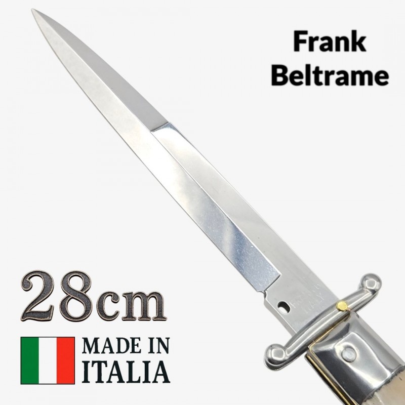 Stiletto automatique Frank Beltrame 28 cm – Corne blonde– Garde basculante – Exclusivité Mister Couteau Stiletto automatique Frank Beltrame 28 cm – Corne blonde– Garde basculante – Exclusivité Mister Couteau