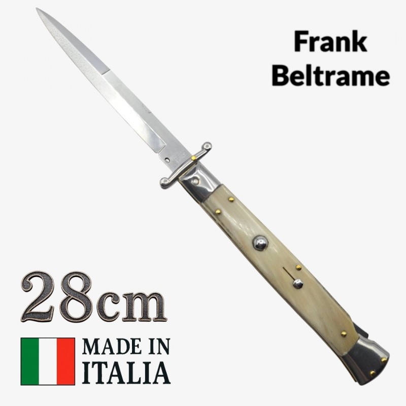 Couteau automatique italien Frank Beltrame – 28 cm – Manche corne blonde & lame baïonnette Couteau automatique italien Frank Beltrame – 28 cm – Manche corne blonde & lame baïonnette