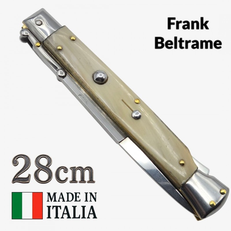 Couteau automatique italien Frank Beltrame – 28 cm – Manche corne blonde & lame baïonnette Couteau automatique italien Frank Beltrame – 28 cm – Manche corne blonde & lame baïonnette