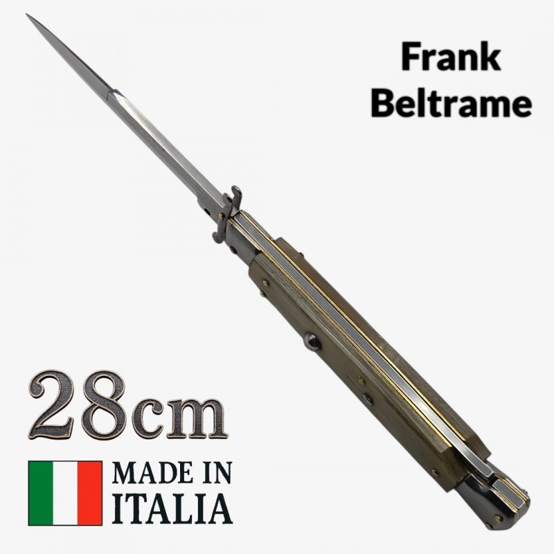 Couteau automatique italien Frank Beltrame – 28 cm – Manche corne blonde & lame baïonnette Couteau automatique italien Frank Beltrame – 28 cm – Manche corne blonde & lame baïonnette