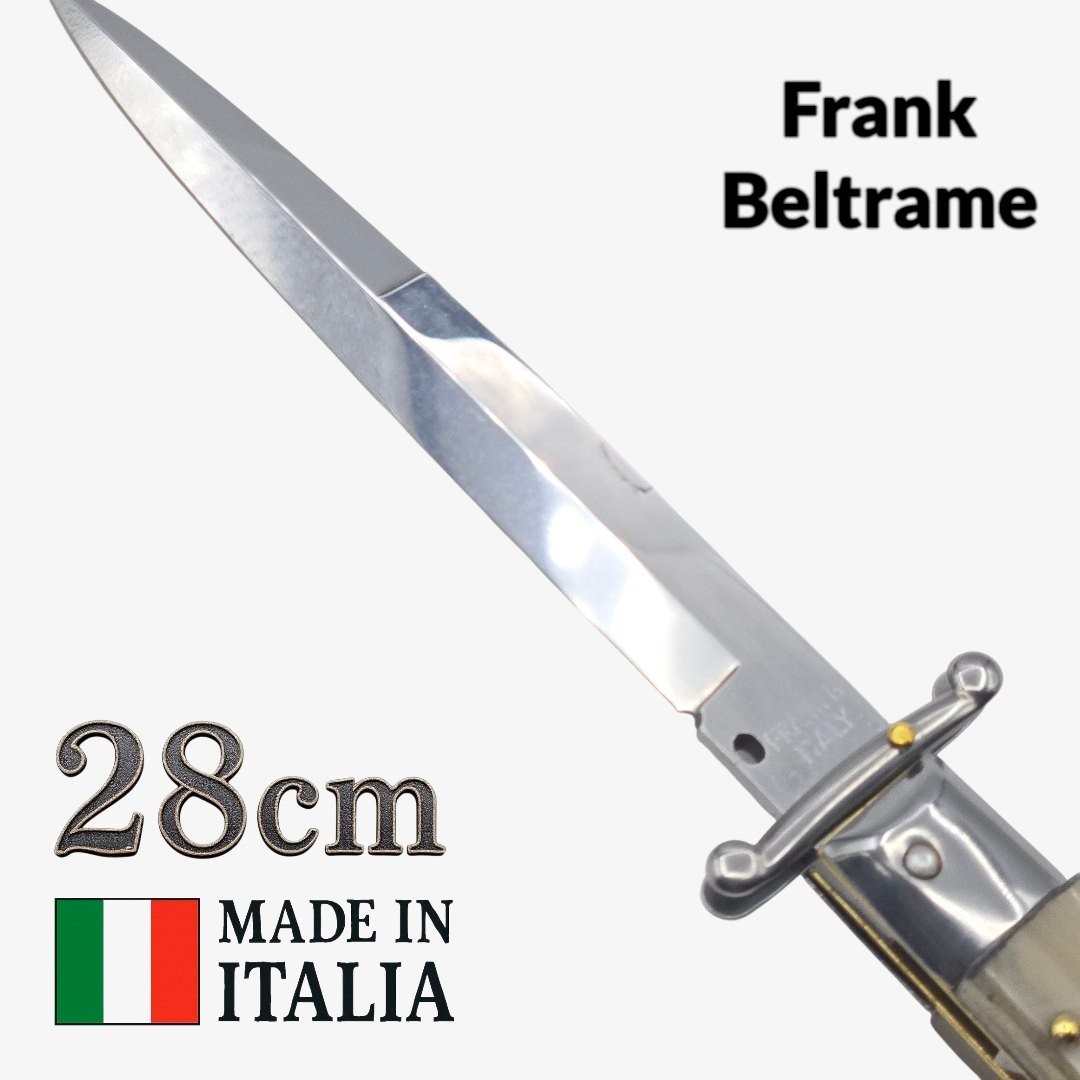 Couteau automatique italien Frank Beltrame – 28 cm – Manche corne blonde & lame baïonnette