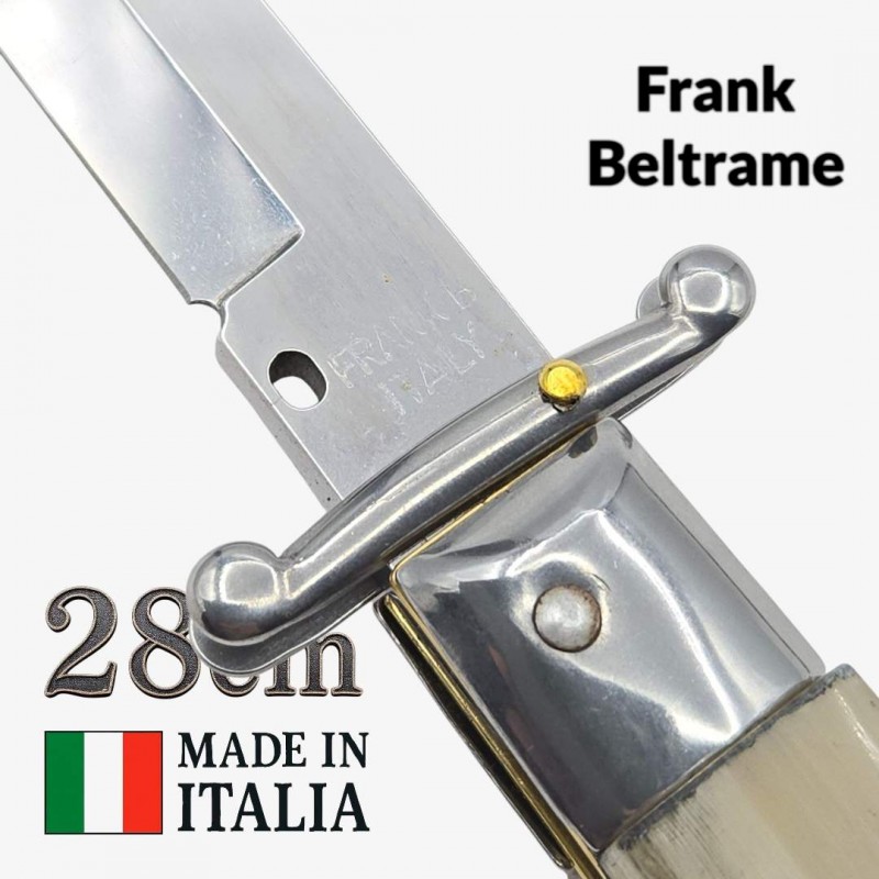 Couteau automatique italien Frank Beltrame – 28 cm – Manche corne blonde & lame baïonnette Couteau automatique italien Frank Beltrame – 28 cm – Manche corne blonde & lame baïonnette