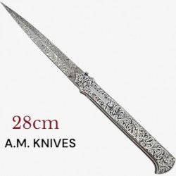 Exceptionnel couteau automatique entièrement gravé damas mosaïque AM KNIVES  28cm