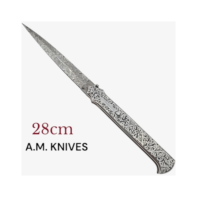 Exceptionnel couteau automatique entièrement gravé damas mosaïque AM KNIVES 28cm Exceptionnel couteau automatique entièrement gravé damas mosaïque AM KNIVES 28cm