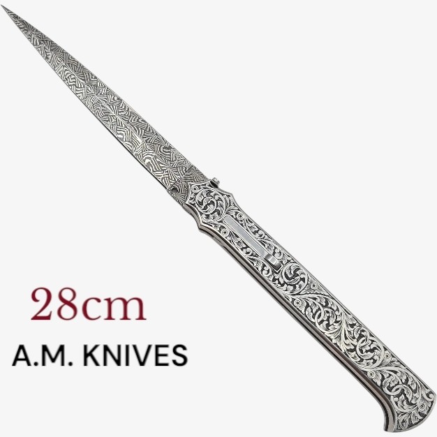 Exceptionnel couteau automatique entièrement gravé damas mosaïque AM KNIVES  28cm