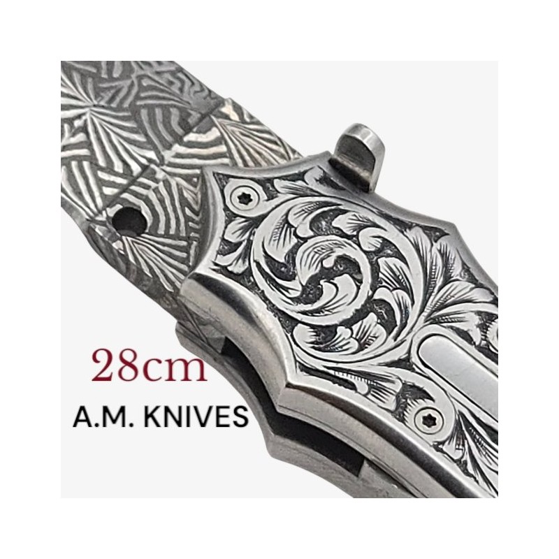 Exceptionnel couteau automatique entièrement gravé damas mosaïque AM KNIVES 28cm Exceptionnel couteau automatique entièrement gravé damas mosaïque AM KNIVES 28cm