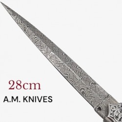 Exceptionnel couteau automatique entièrement gravé damas mosaïque AM KNIVES  28cm