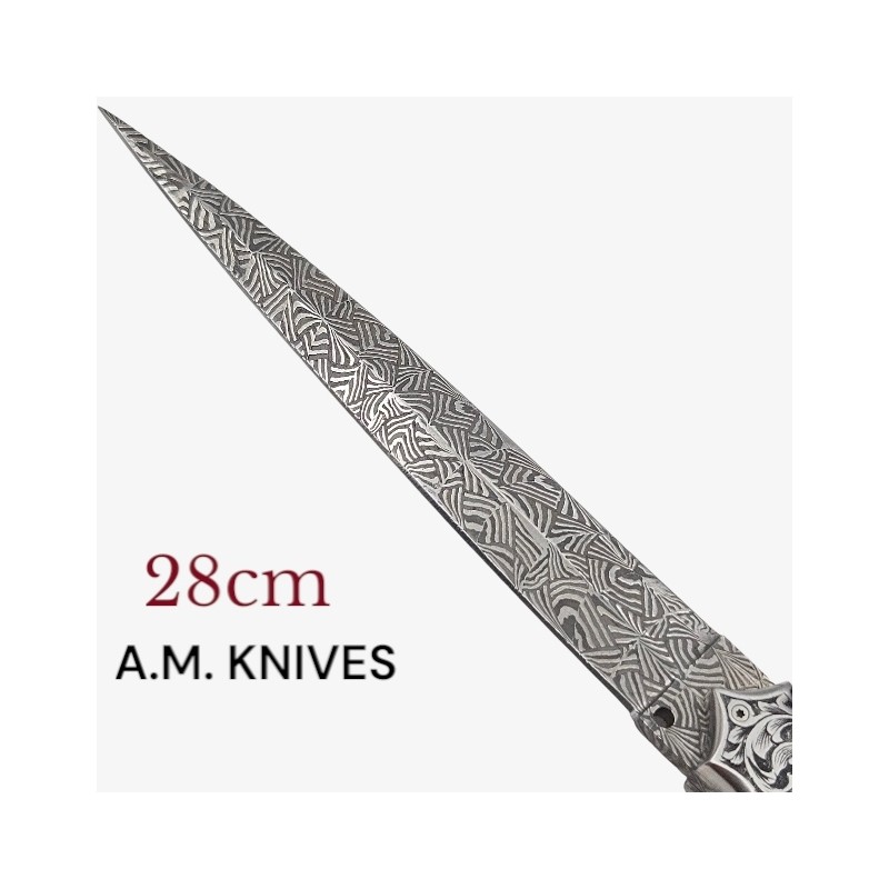 Exceptionnel couteau automatique entièrement gravé damas mosaïque AM KNIVES 28cm Exceptionnel couteau automatique entièrement gravé damas mosaïque AM KNIVES 28cm