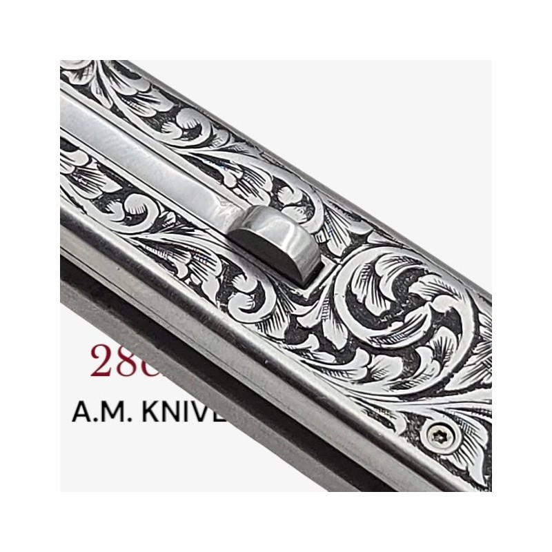 Exceptionnel couteau automatique entièrement gravé damas mosaïque AM KNIVES 28cm Exceptionnel couteau automatique entièrement gravé damas mosaïque AM KNIVES 28cm