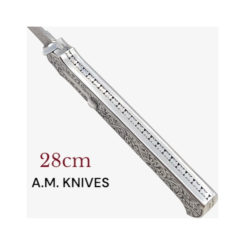 Exceptionnel couteau automatique entièrement gravé damas mosaïque AM KNIVES 28cm Exceptionnel couteau automatique entièrement gravé damas mosaïque AM KNIVES 28cm