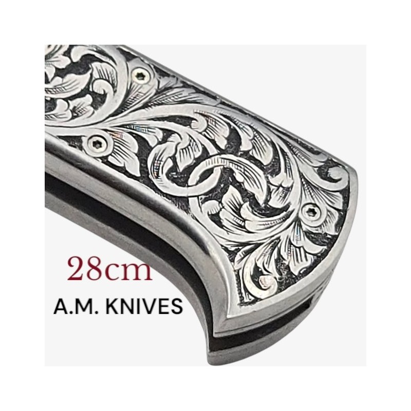 Exceptionnel couteau automatique entièrement gravé damas mosaïque AM KNIVES 28cm Exceptionnel couteau automatique entièrement gravé damas mosaïque AM KNIVES 28cm