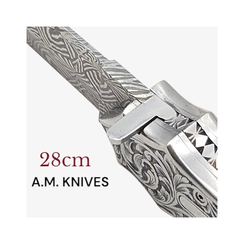 Exceptionnel couteau automatique entièrement gravé damas mosaïque AM KNIVES 28cm Exceptionnel couteau automatique entièrement gravé damas mosaïque AM KNIVES 28cm