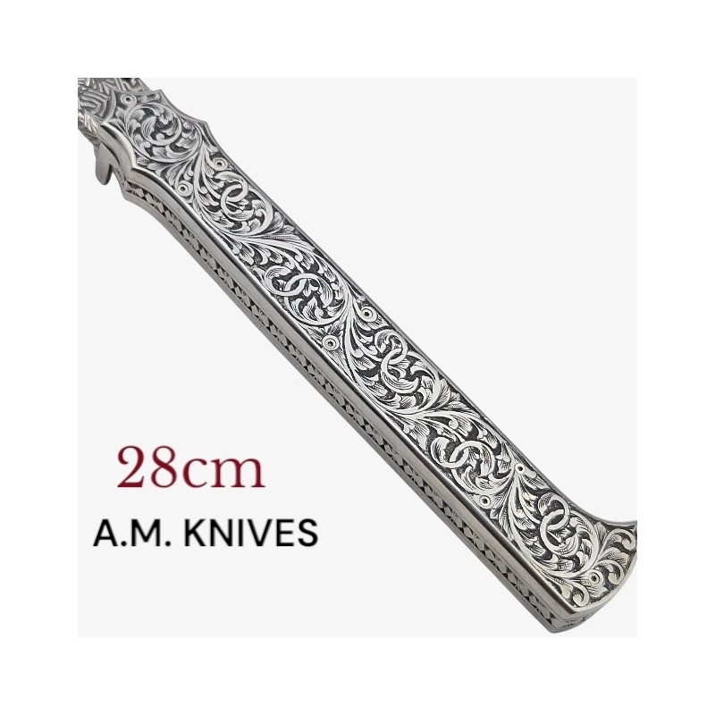 Exceptionnel couteau automatique entièrement gravé damas mosaïque AM KNIVES 28cm Exceptionnel couteau automatique entièrement gravé damas mosaïque AM KNIVES 28cm