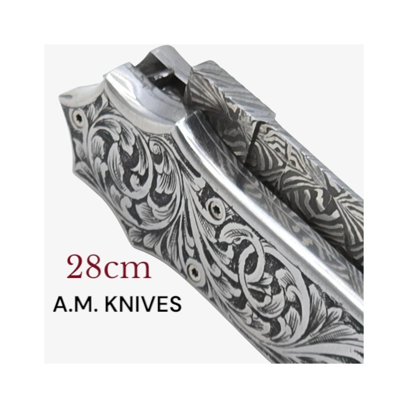 Exceptionnel couteau automatique entièrement gravé damas mosaïque AM KNIVES 28cm Exceptionnel couteau automatique entièrement gravé damas mosaïque AM KNIVES 28cm