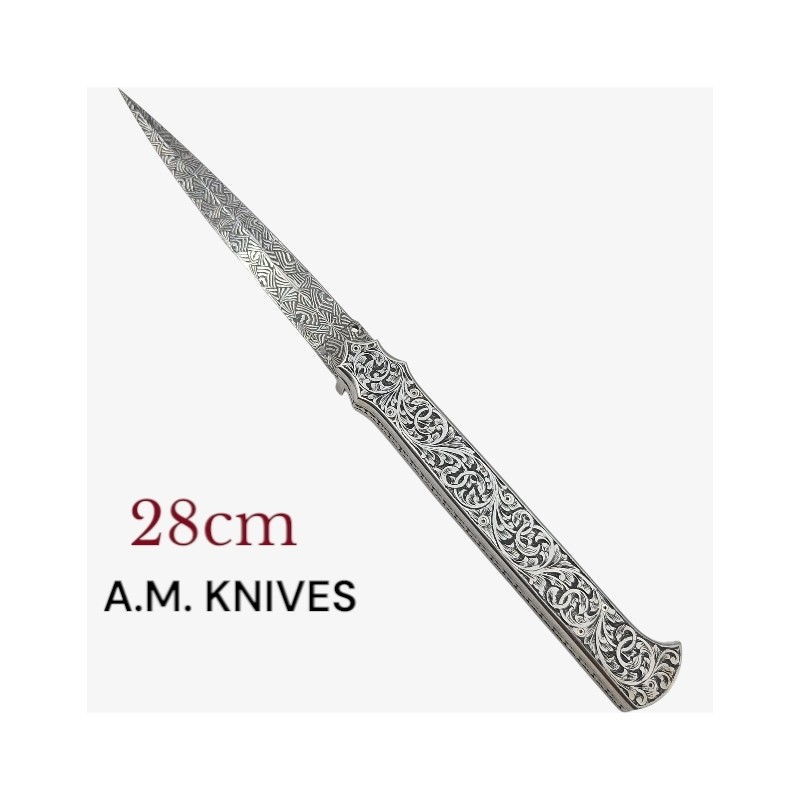 Exceptionnel couteau automatique entièrement gravé damas mosaïque AM KNIVES 28cm Exceptionnel couteau automatique entièrement gravé damas mosaïque AM KNIVES 28cm