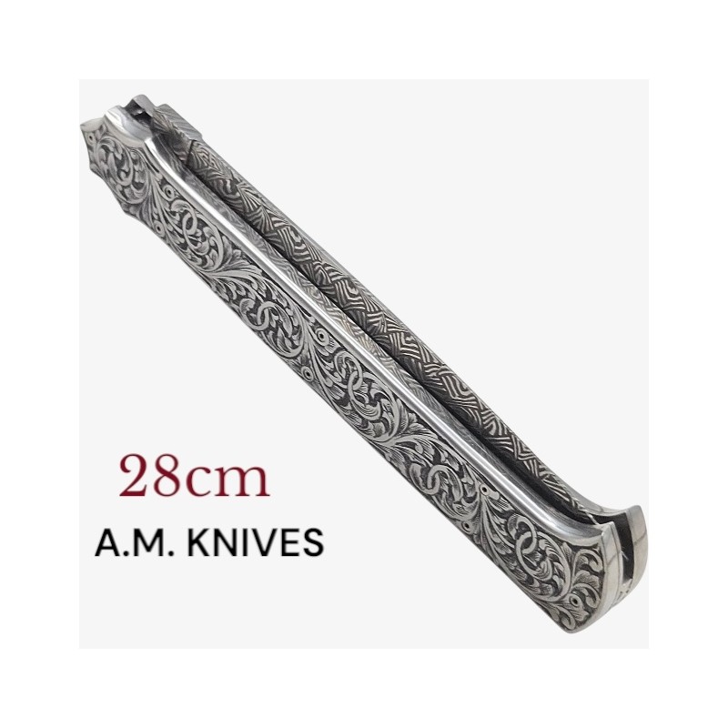 Exceptionnel couteau automatique entièrement gravé damas mosaïque AM KNIVES 28cm Exceptionnel couteau automatique entièrement gravé damas mosaïque AM KNIVES 28cm