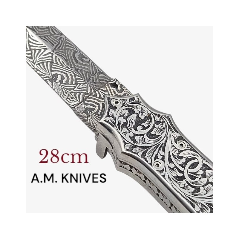 Exceptionnel couteau automatique entièrement gravé damas mosaïque AM KNIVES 28cm Exceptionnel couteau automatique entièrement gravé damas mosaïque AM KNIVES 28cm