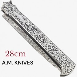 Exceptionnel couteau automatique entièrement gravé damas mosaïque AM KNIVES  28cm