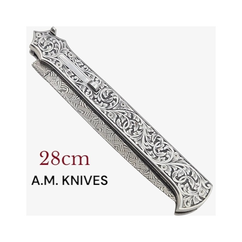 Exceptionnel couteau automatique entièrement gravé damas mosaïque AM KNIVES 28cm Exceptionnel couteau automatique entièrement gravé damas mosaïque AM KNIVES 28cm