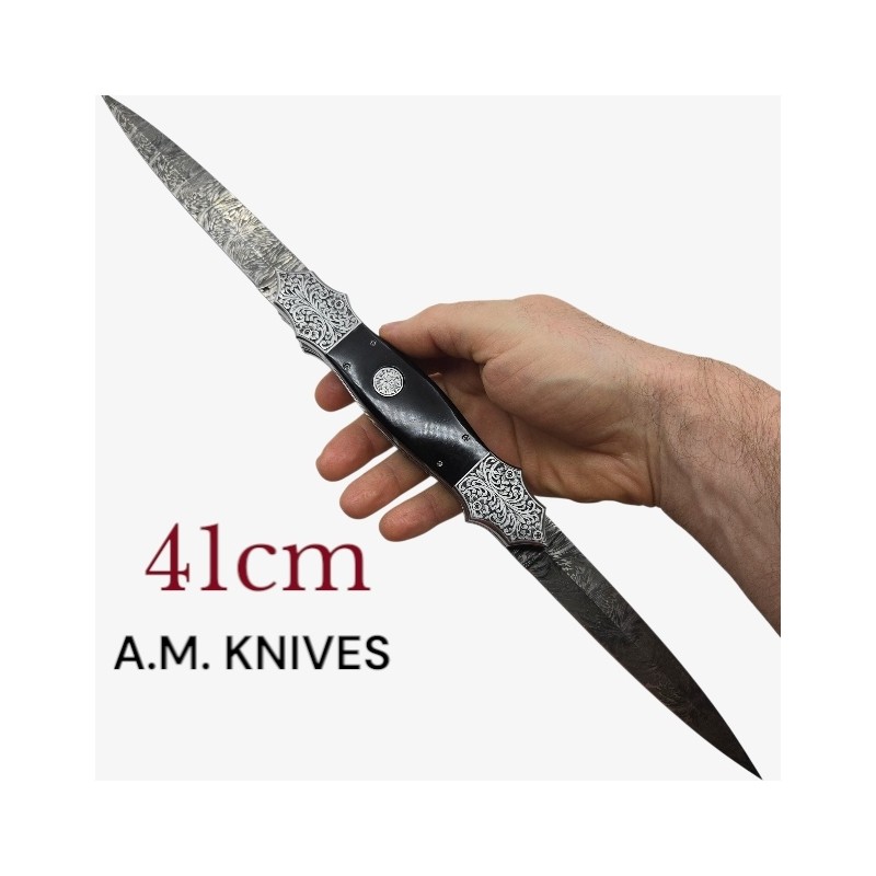 Exceptionnel couteau automatique AM KNIVES double lame damas 41cm Exceptionnel couteau automatique AM KNIVES double lame damas 41cm