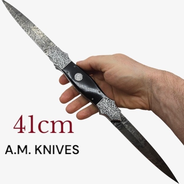Exceptionnel couteau automatique AM KNIVES double lame damas 41cm