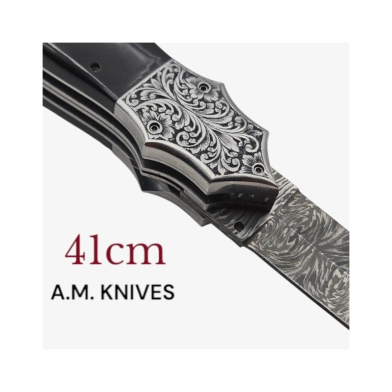 Exceptionnel couteau automatique AM KNIVES double lame damas 41cm Exceptionnel couteau automatique AM KNIVES double lame damas 41cm