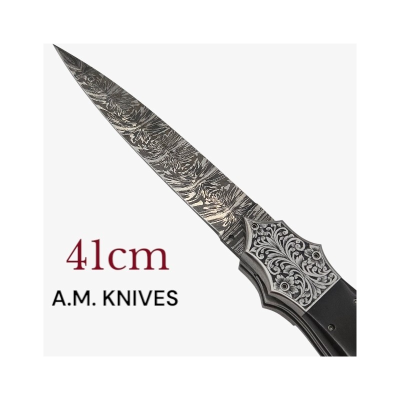 Exceptionnel couteau automatique AM KNIVES double lame damas 41cm Exceptionnel couteau automatique AM KNIVES double lame damas 41cm