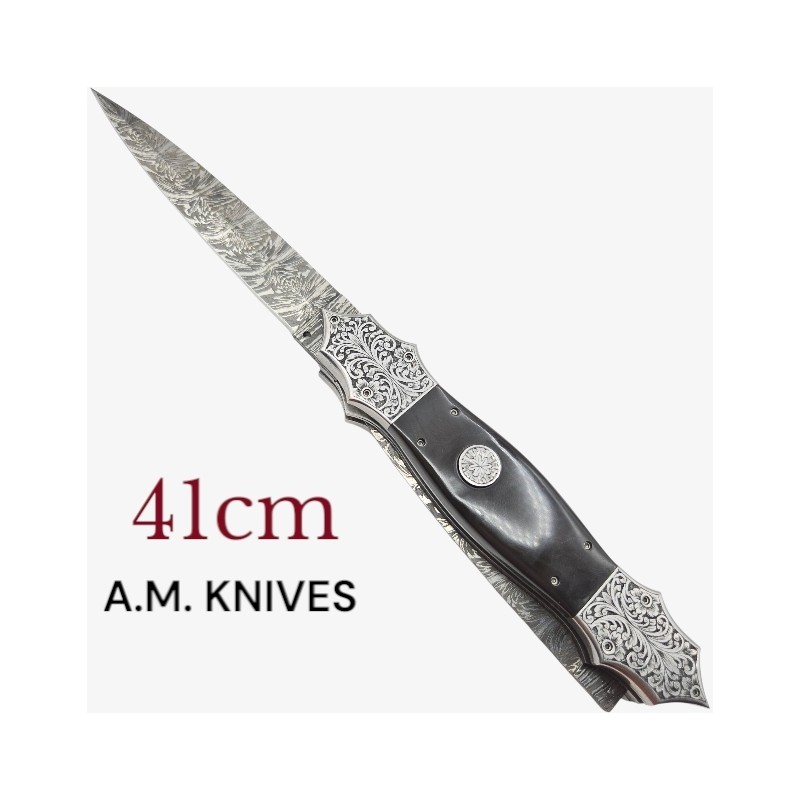 Exceptionnel couteau automatique AM KNIVES double lame damas 41cm Exceptionnel couteau automatique AM KNIVES double lame damas 41cm