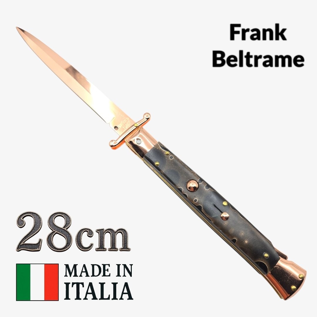 Couteau Stiletto automatique Frank Beltrame micarta cuivre 28 cm – Garde basculante