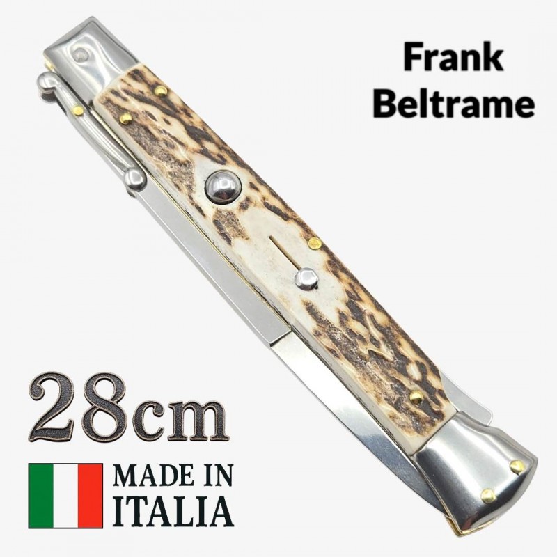 Couteau Stiletto automatique bois cerf Frank Beltrame 28 cm – Garde basculante Couteau Stiletto automatique bois cerf Frank Beltrame 28 cm – Garde basculante