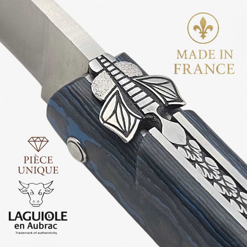 Couteau Laguiole Aubrac droit 13cm piece unique fibre de carbone bleu