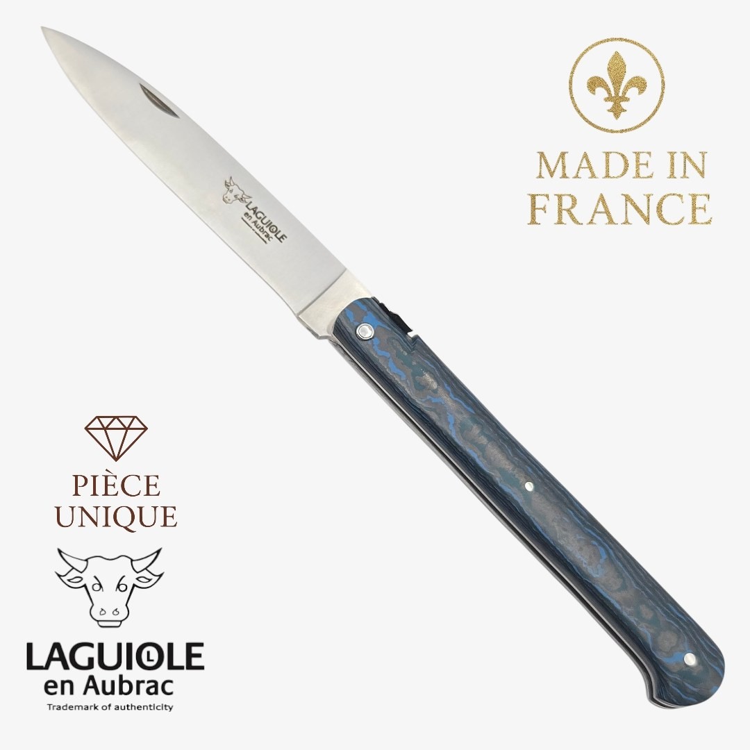 Couteau Laguiole Aubrac droit 13cm piece unique fibre de carbone bleu