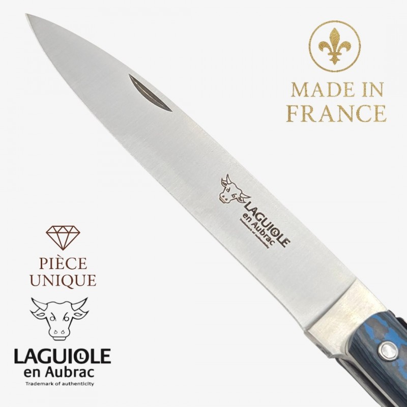 Couteau Laguiole Aubrac droit 13cm piece unique fibre de carbone bleu