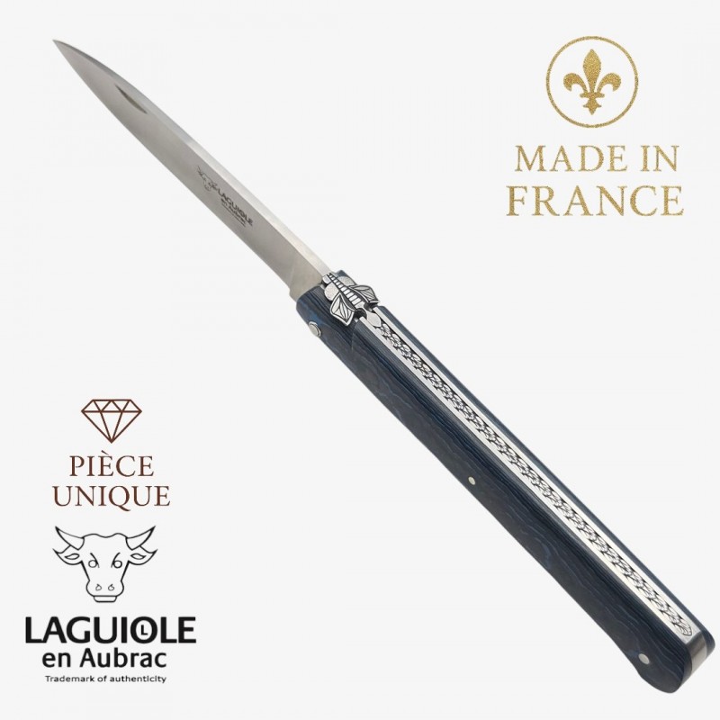 Couteau Laguiole Aubrac droit 13cm piece unique fibre de carbone bleu