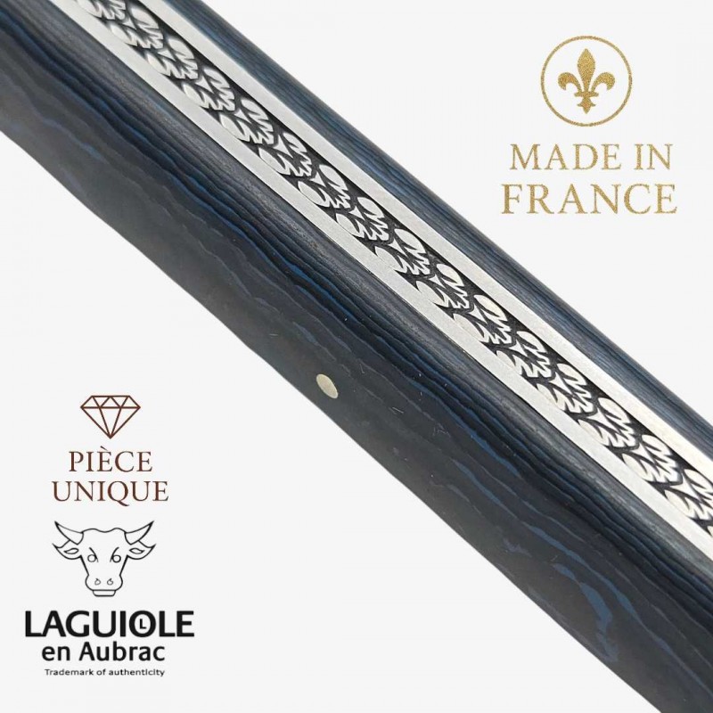 Couteau Laguiole Aubrac droit 13cm piece unique fibre de carbone bleu