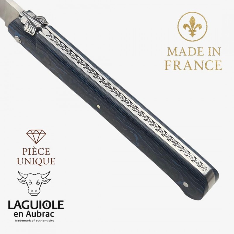 Couteau Laguiole Aubrac droit 13cm piece unique fibre de carbone bleu