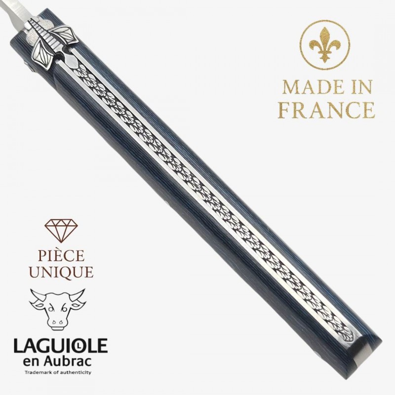 Couteau Laguiole Aubrac droit 13cm piece unique fibre de carbone bleu