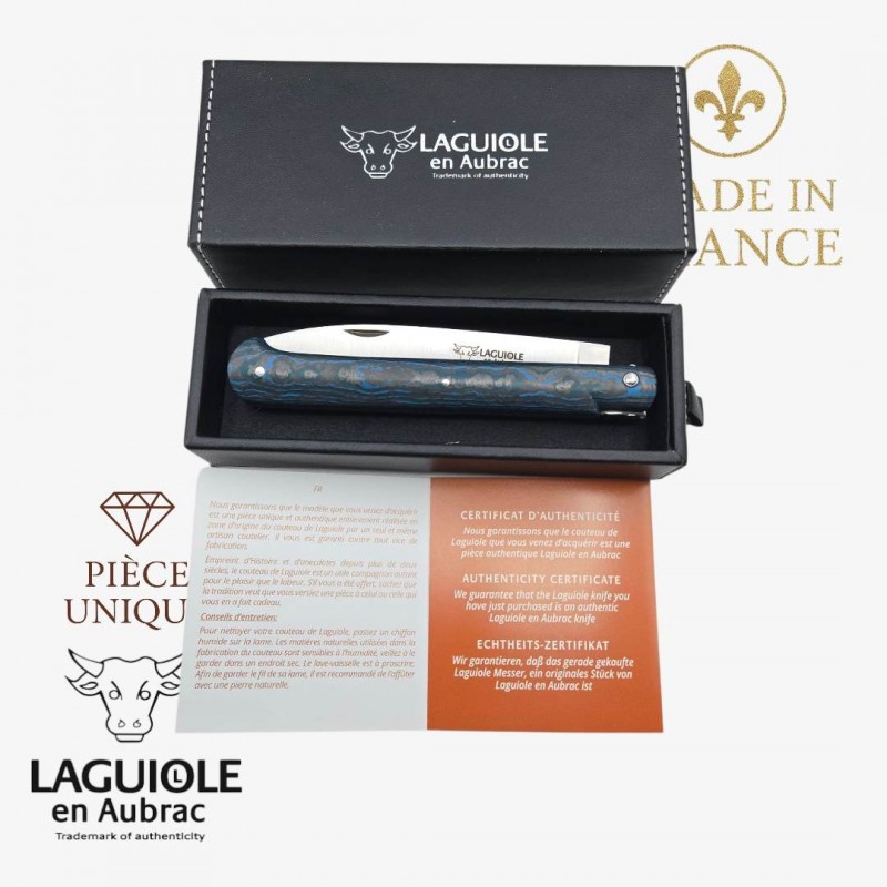 Couteau Laguiole Aubrac droit 13cm piece unique fibre de carbone bleu