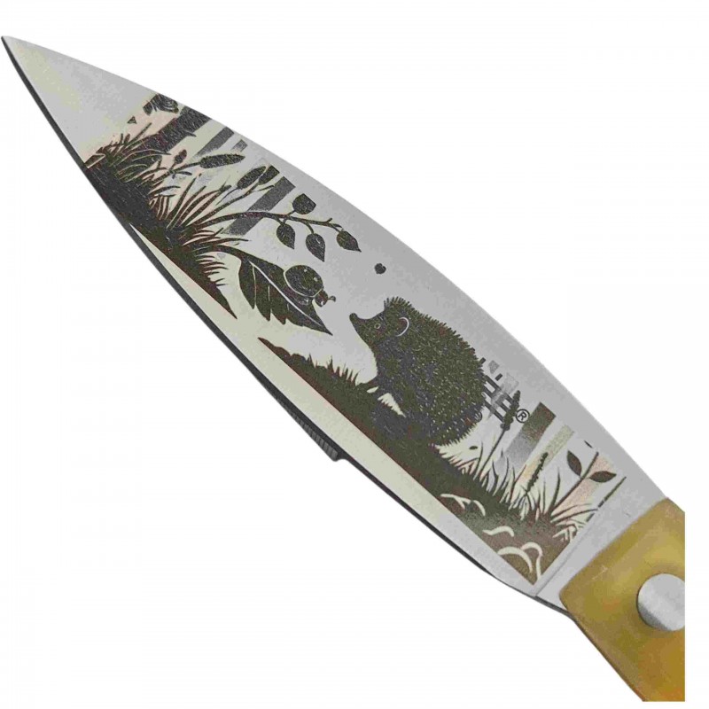 Couteau berger Palles résine jaune 20cm gravure hérisson niglo