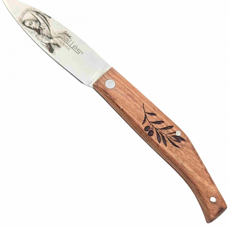 Couteau Palles berger bois gravure vierge rameau d’olivier 16cm