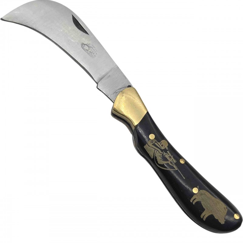 Serpette 15cm niglo corne noire gravure chasseur sanglier