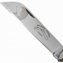 Couteau lame rabattue manche inox gravure herisson