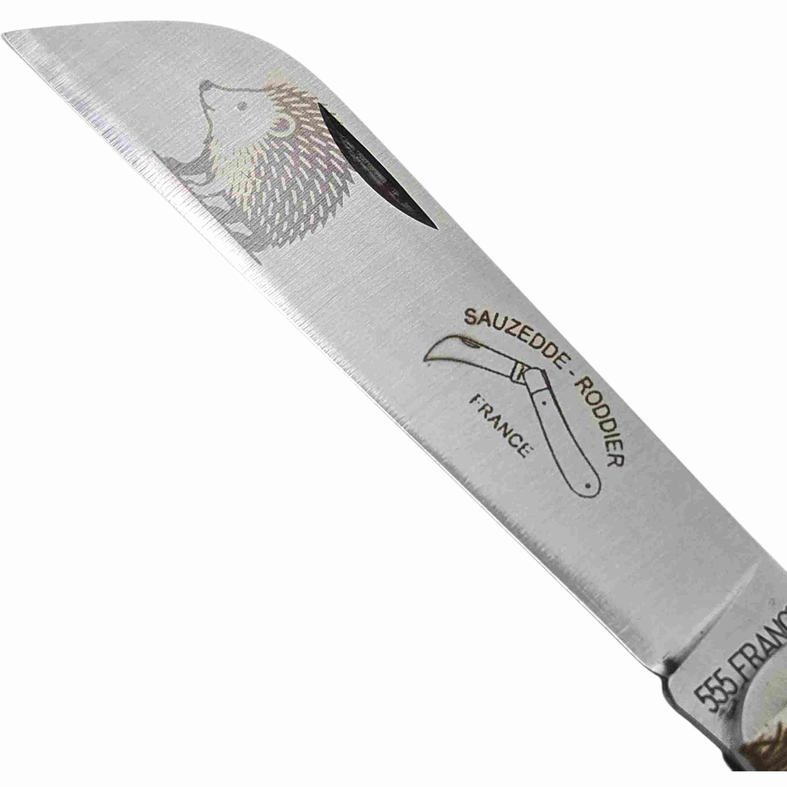 Couteau lame rabattue manche inox gravure herisson