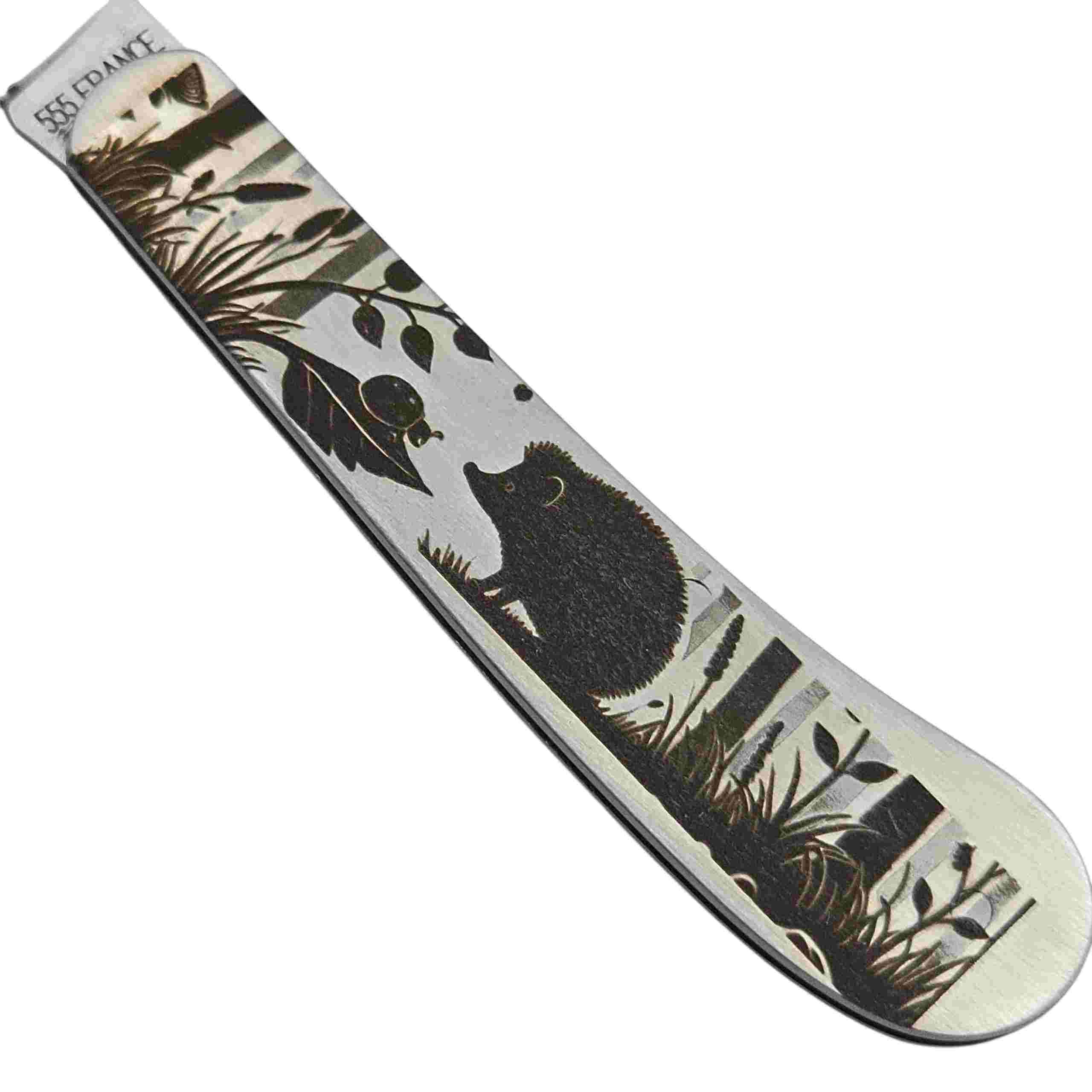 Couteau lame rabattue manche inox gravure herisson
