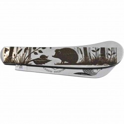 Couteau lame rabattue manche inox gravure herisson